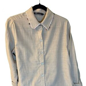 Zara Khaki Linen Beaded Top Boho Resort Style XS